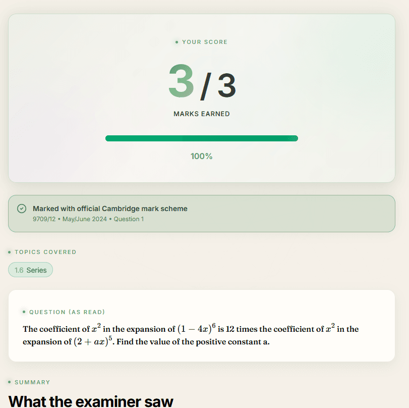 MarkScheme marking result showing 3 out of 3 marks, official 9709 mark scheme banner, and the binomial expansion question