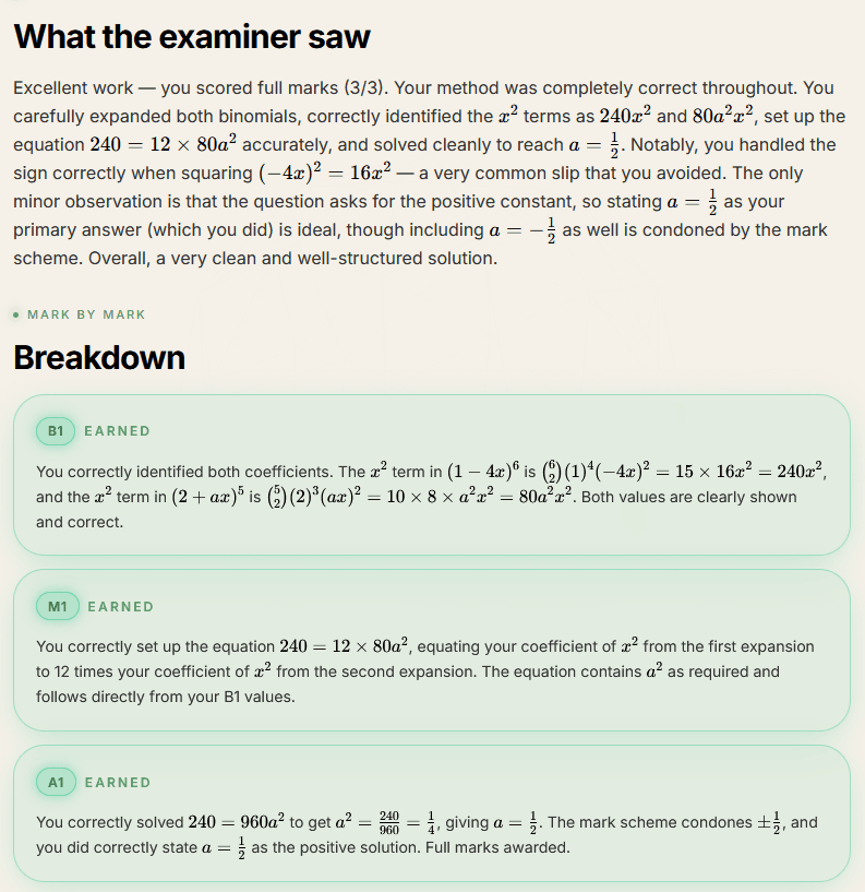 Mark-by-mark breakdown with B1, M1, and A1 earned explanations for a Mathematics answer
