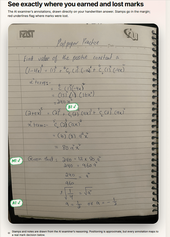 Examiner's Ink on handwritten binomial expansion work with B1, M1, and A1 stamps on the student's script